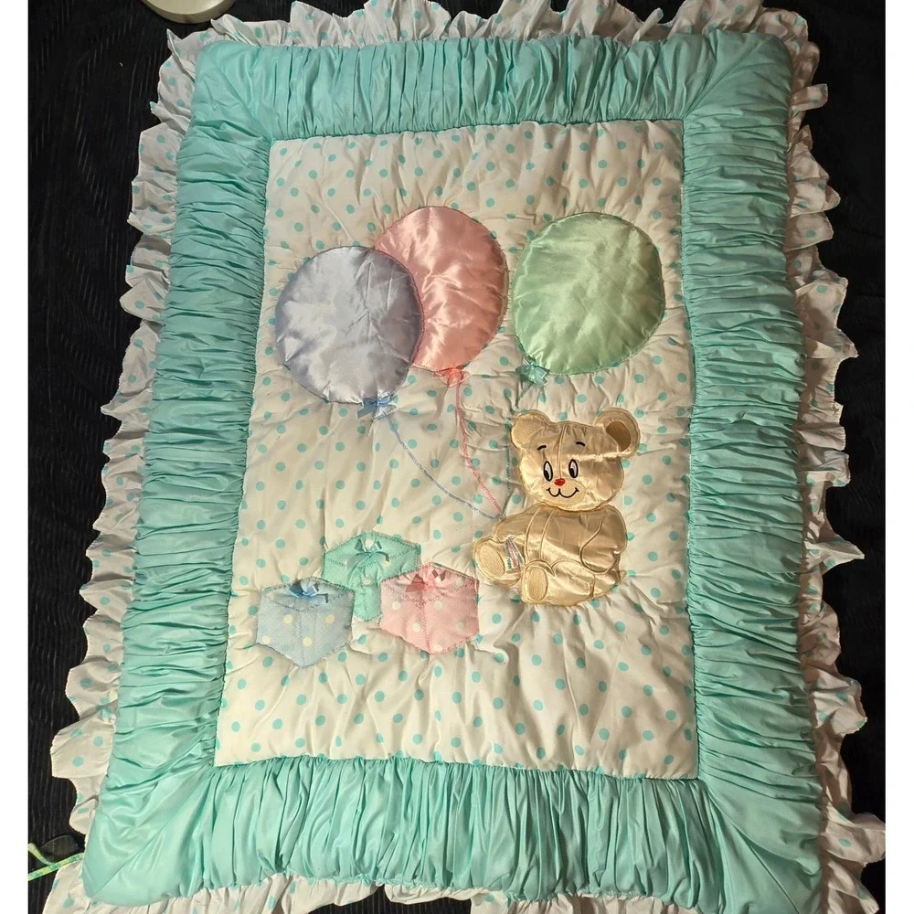 Vintage Kids Line Teddy Bear Balloons Polka Dot Baby Quilt Ruffled Aqua 35x45